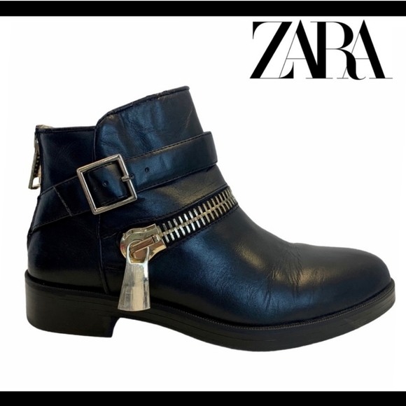 Zara black ankle booties gold buckle zipper - Picture 1 of 8